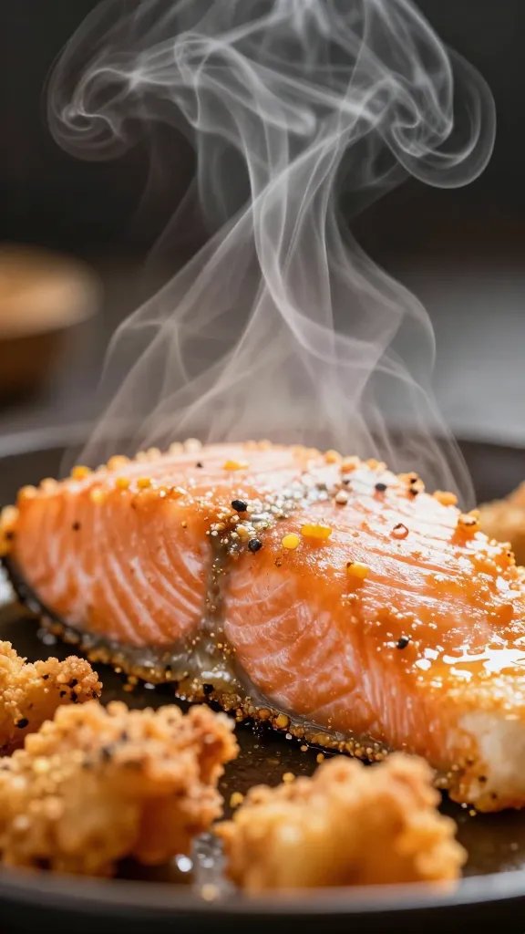 closeup steam rising from hot air-fried salmon