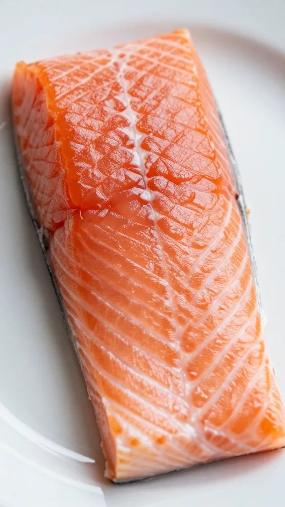 closeup side-profile of salmon fillet on plate