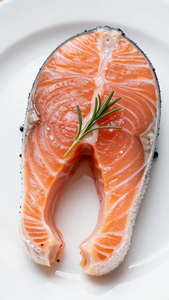 closeup plate with lacquered salmon and single herb garnish