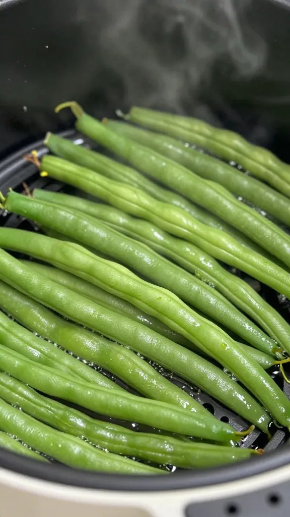 Closeup of glossy green beans sizzling in air fryer oil mist