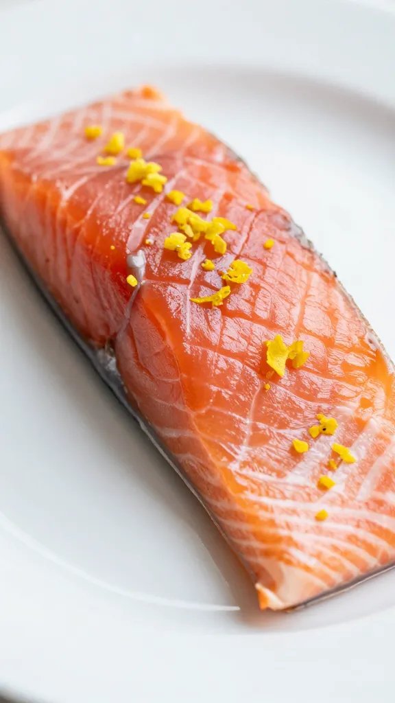 Closeup of flaky salmon resting on white plate with lemon zest