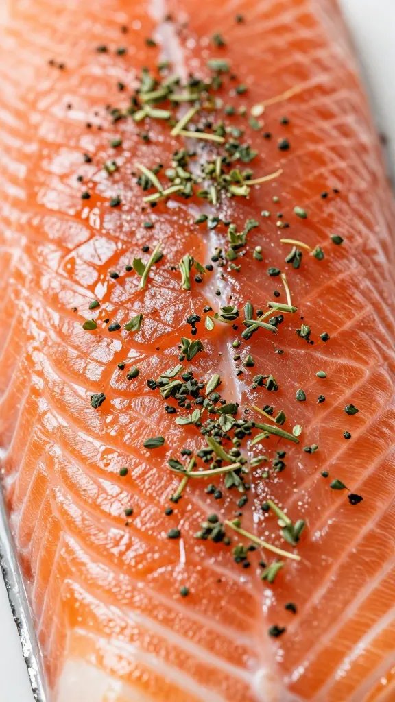 Closeup of herb crust on salmon fillet, focusing on texture
