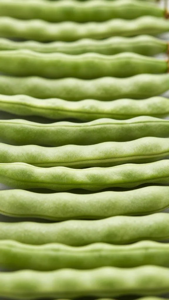 Closeup of bright green beans tidily arranged in a line