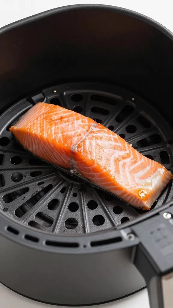Closeup of digital air fryer basket rim with salmon inside