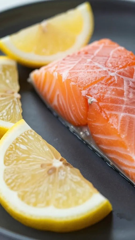 Closeup of lemon wedges beside salmon on a dark plate