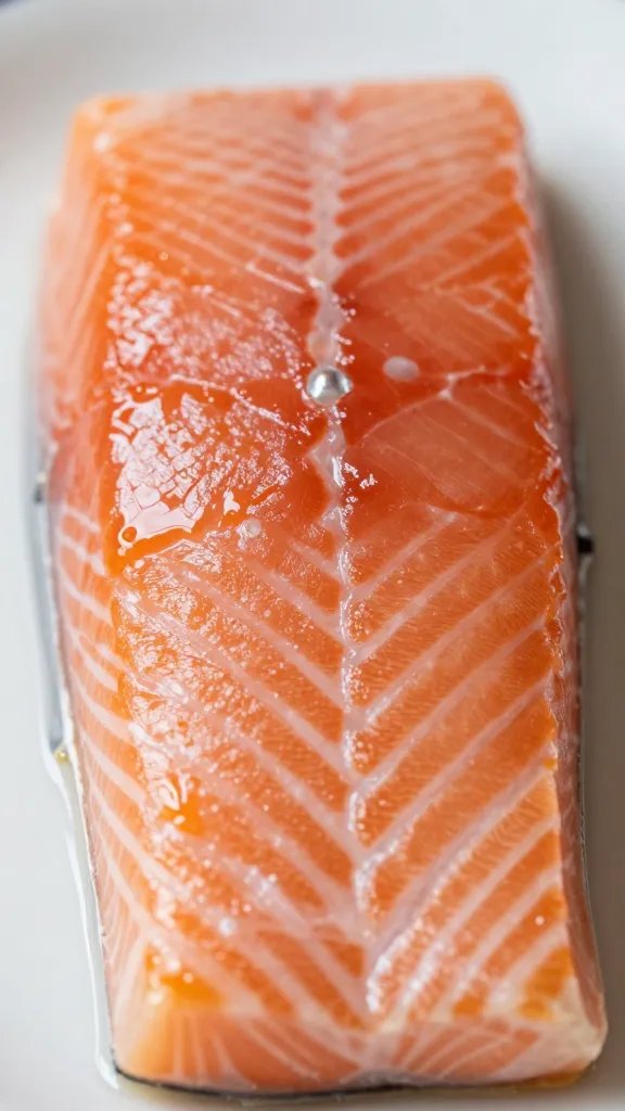 Closeup of a single salmon fillet brushed with light glaze