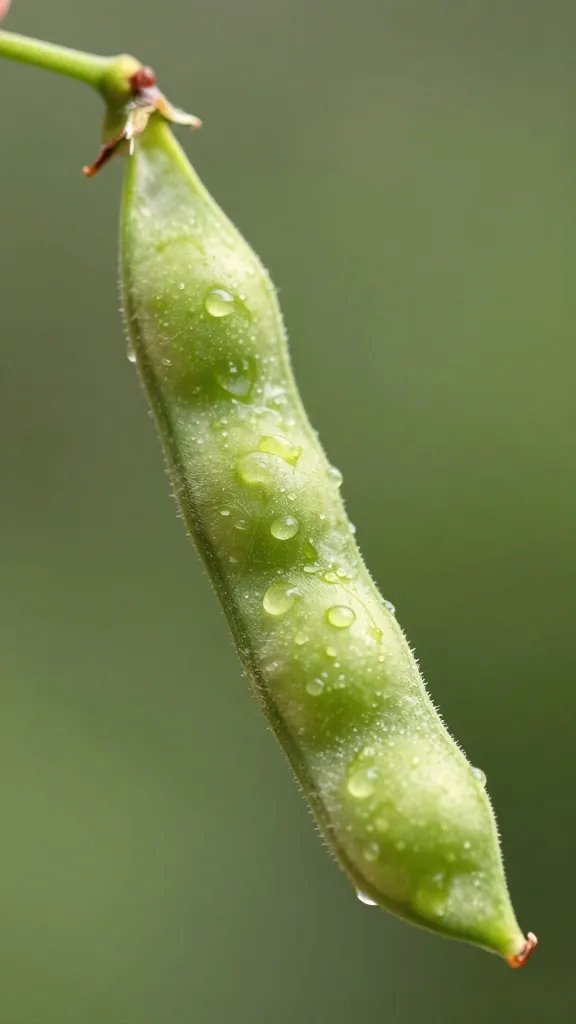 Closeup of a single bean pod glistening with oil