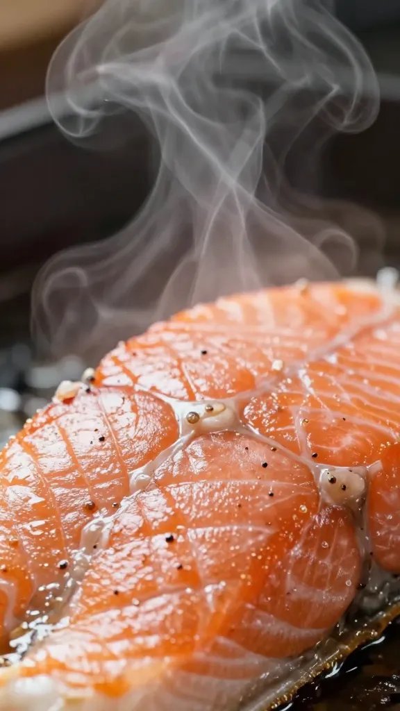 Closeup of steam rising from hot, juicy salmon surface
