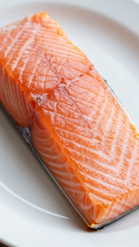 closeup of salmon fillet with crisp edge on plate