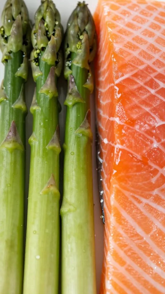 closeup of asparagus spear lined beside salmon fillet