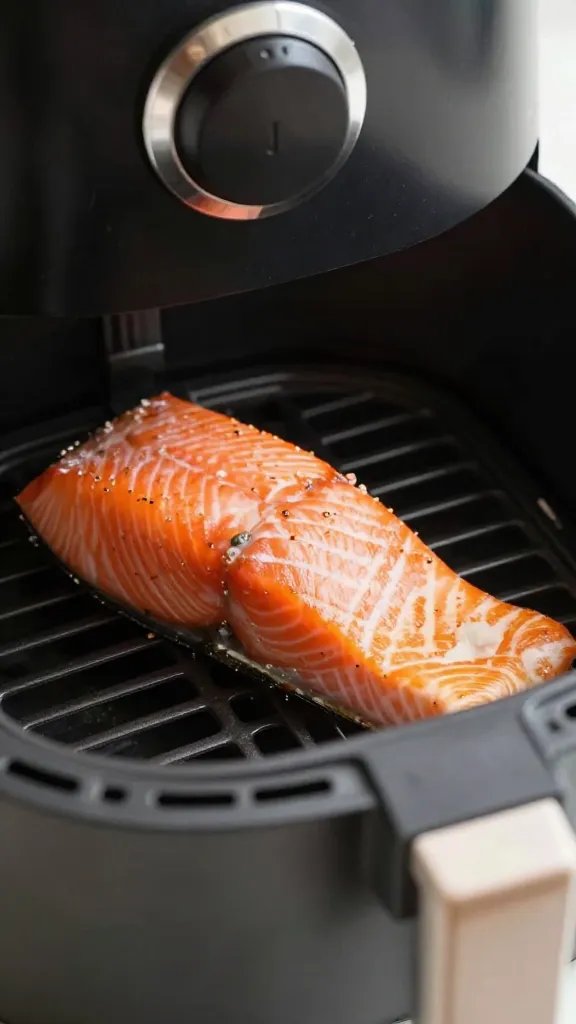 closeup of air fryer basket handle with salmon inside