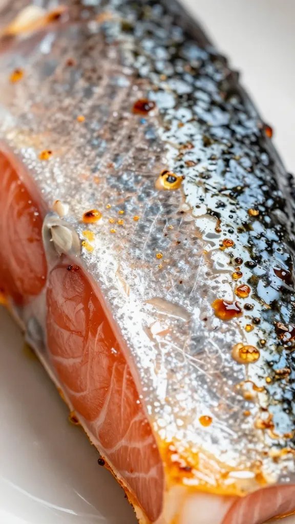 closeup of juicy salmon skin crackling on edge