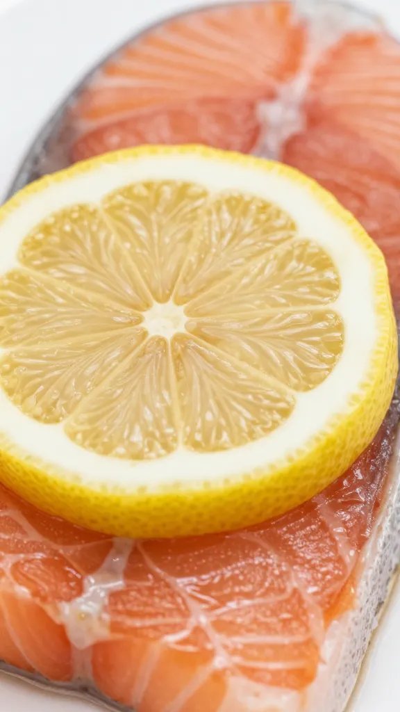 closeup of lemon wedge resting on salmon top