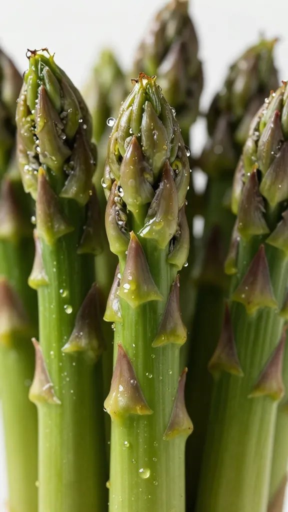 closeup of oil drizzle slick on asparagus tips