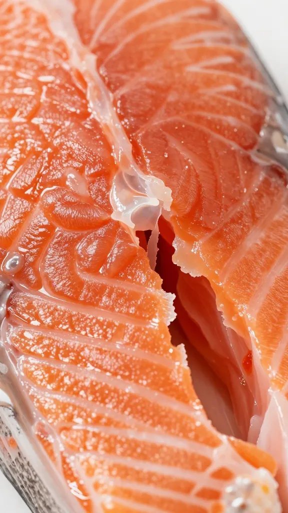 closeup of flaky salmon flesh tearing apart