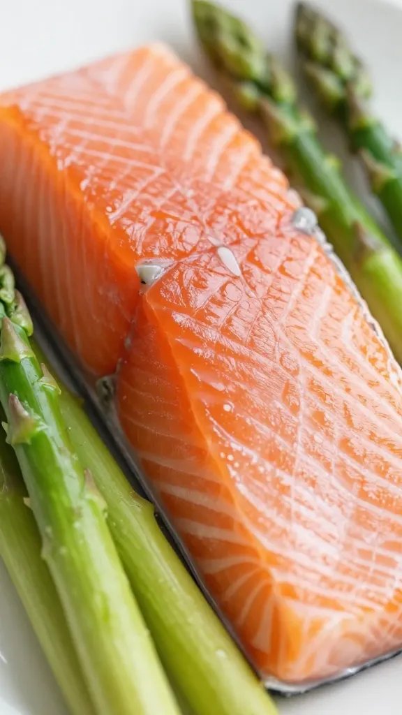 closeup of single salmon fillet with bright green asparagus