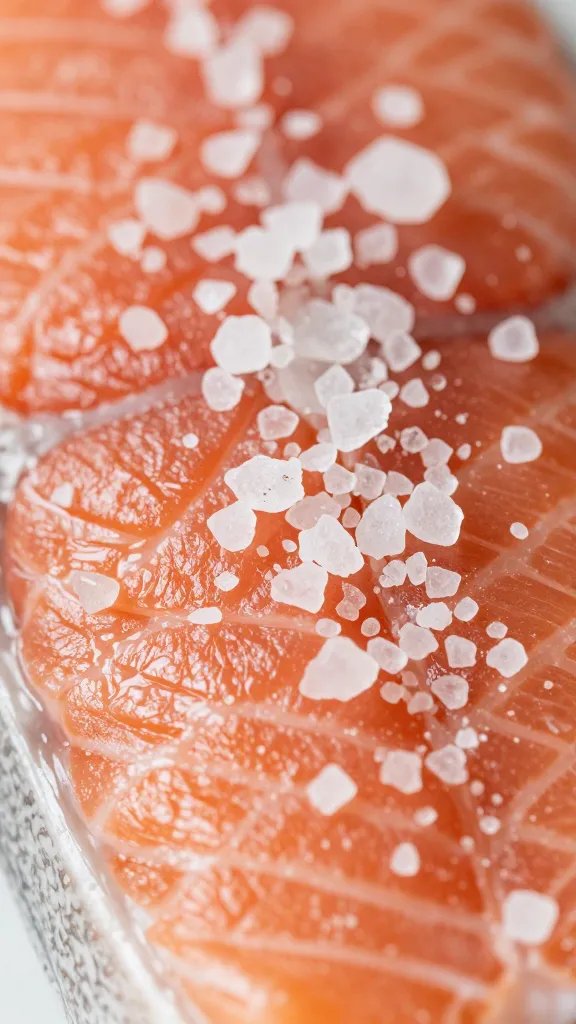 closeup of salt crystals sprinkled on salmon surface
