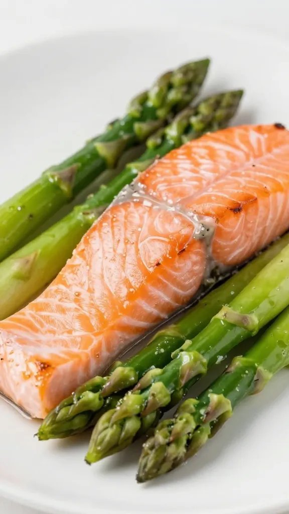 closeup of plated salmon and asparagus with minimal garnish