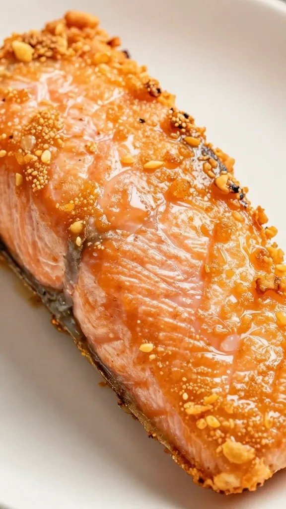closeup of flaky air-fried salmon fillet glistening on plate