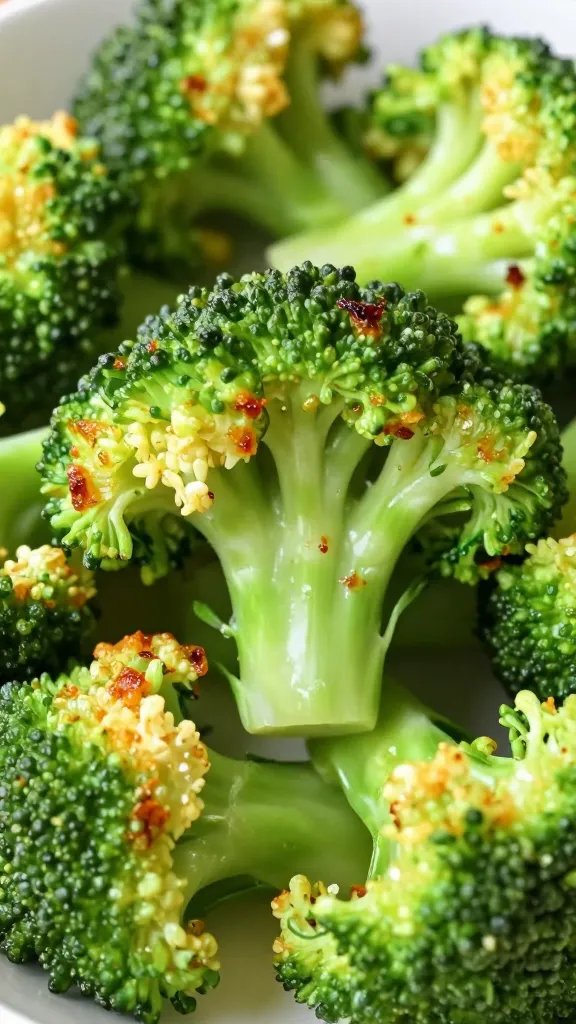 closeup of crisp broccoli florets with caramelized edges