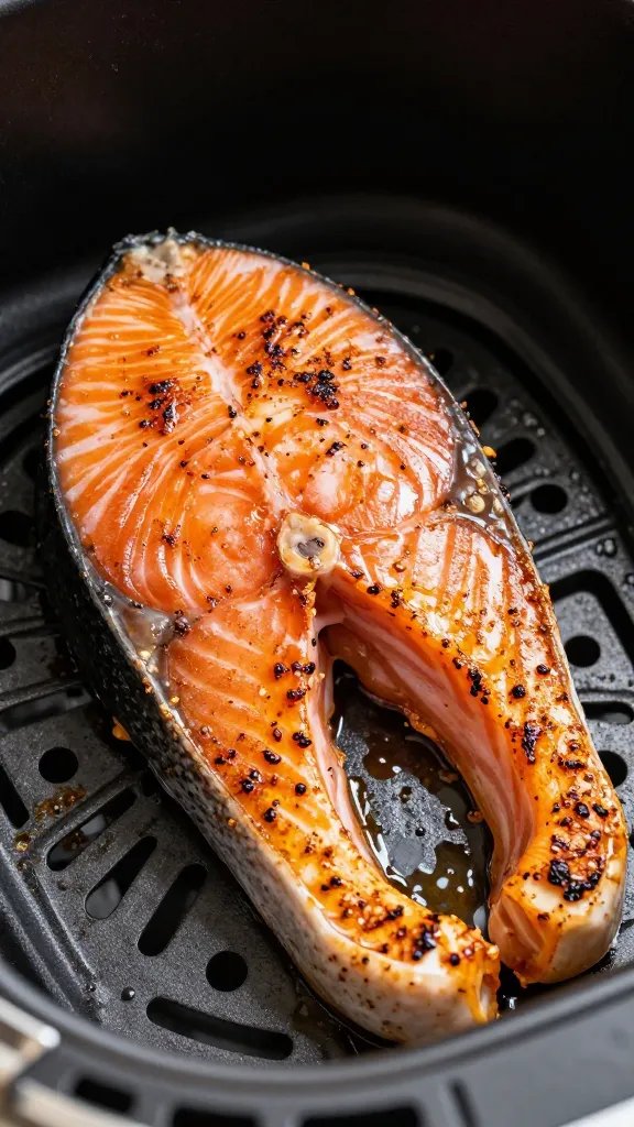 closeup of seasoned salmon skin sear in air fryer pan