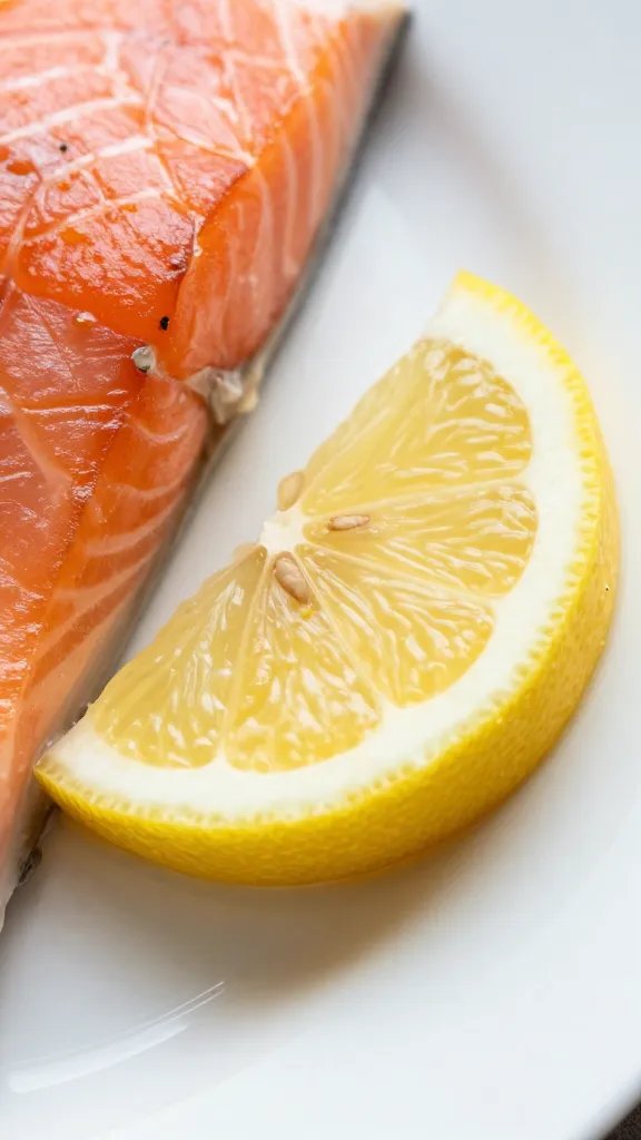 closeup of lemon wedge resting beside salmon on plate