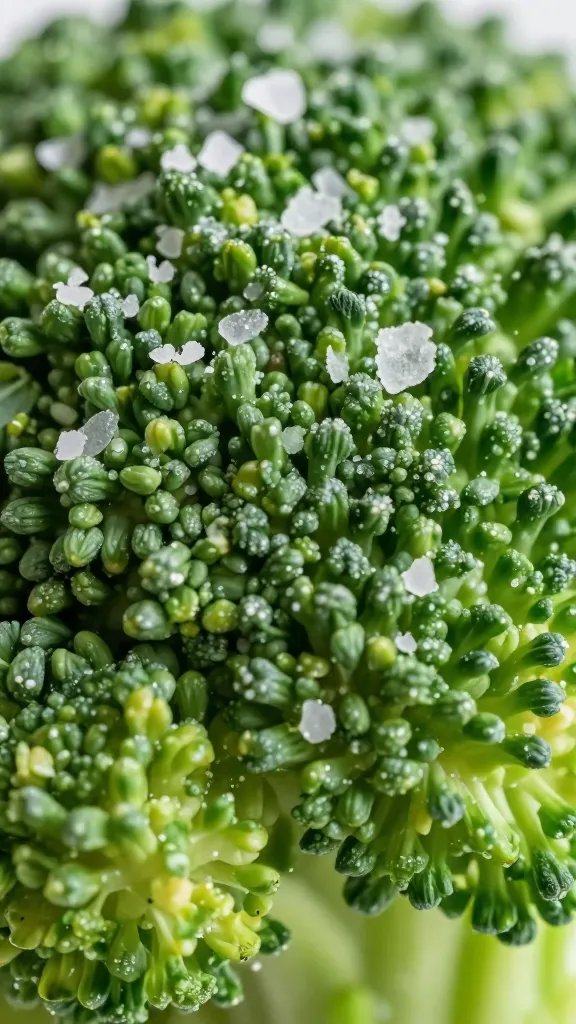 closeup of salt-tine drizzle on broccoli surface