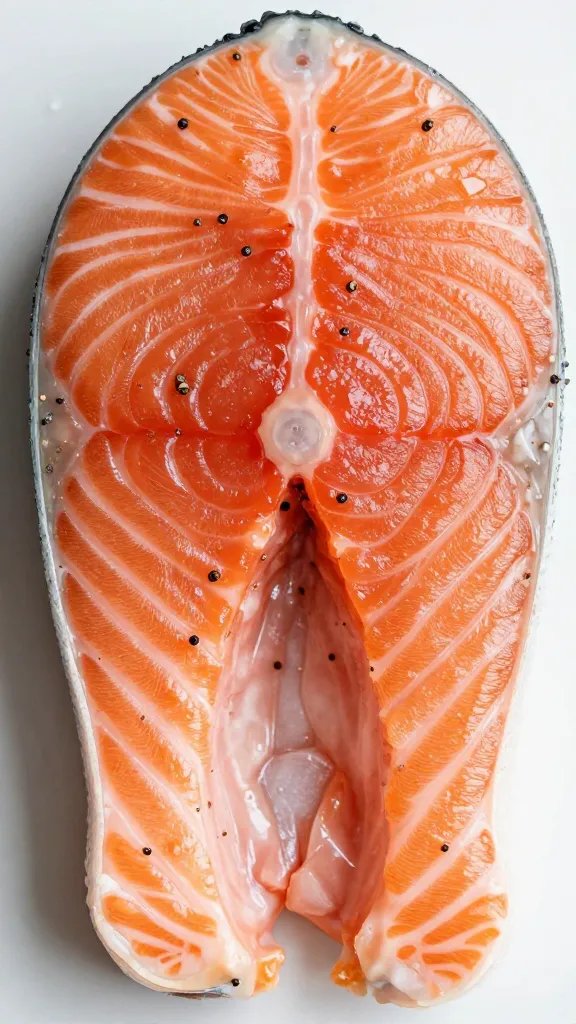 closeup of single salmon fillet with pepper flecks