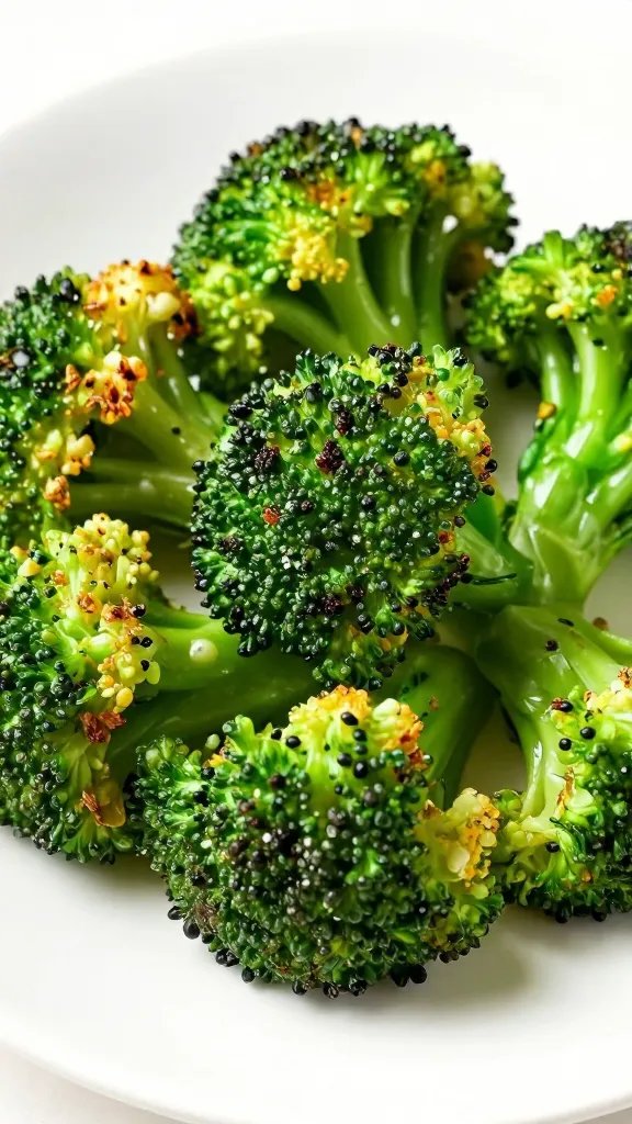 closeup of vibrant roasted broccoli crown on white plate