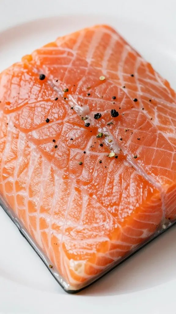 closeup of flaky salmon filet, peppered with herbs, on white plate