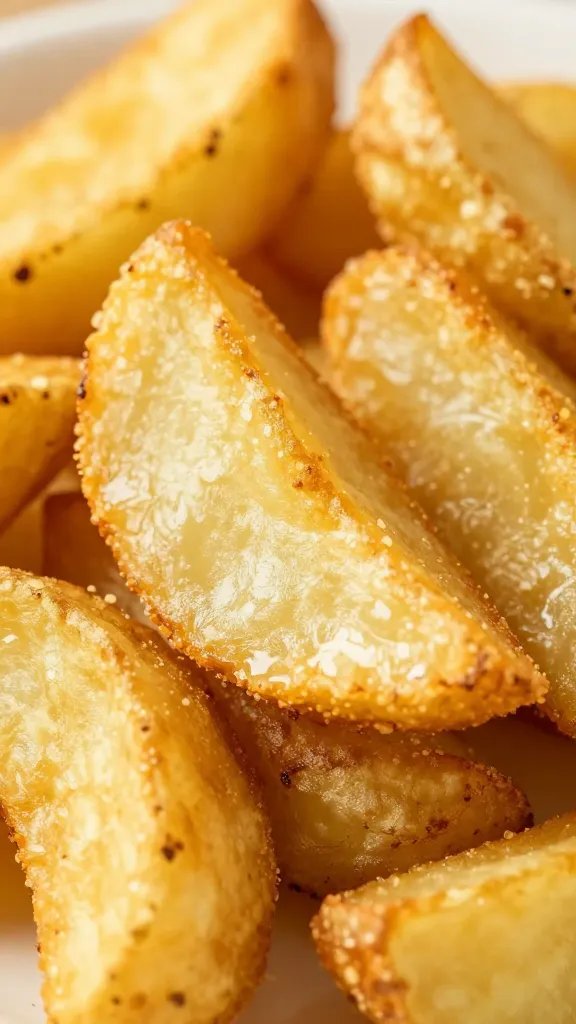 side-angle closeup of crispy air-fried potato wedges with golden edges