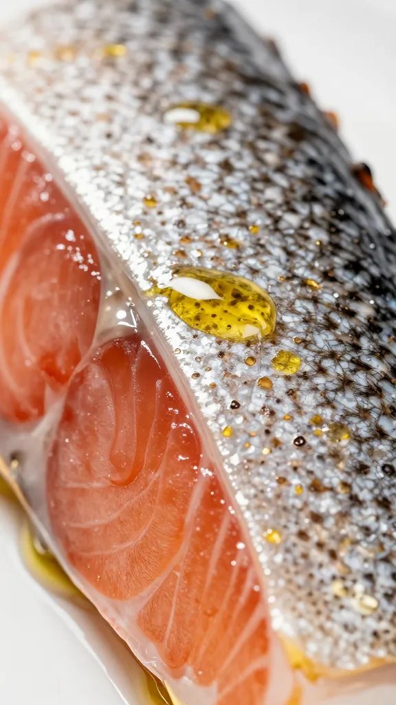 macro shot of salmon skin crisp, olive oil sheen highlight
