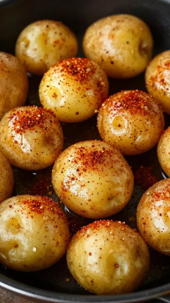 closeup of herb-dusted potatoes speckled with paprika on skillet