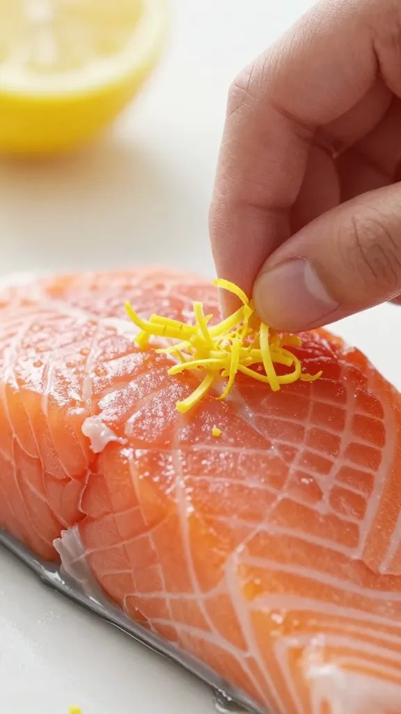tight shot of lemon zest micro-mise en place beside salmon
