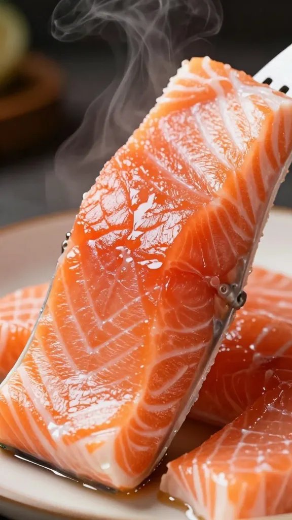 closeup of juicy salmon fork-torked, with steam rising