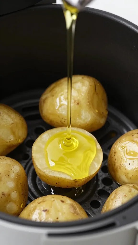 macro shot of olive oil drizzle over potatoes in air fryer basket