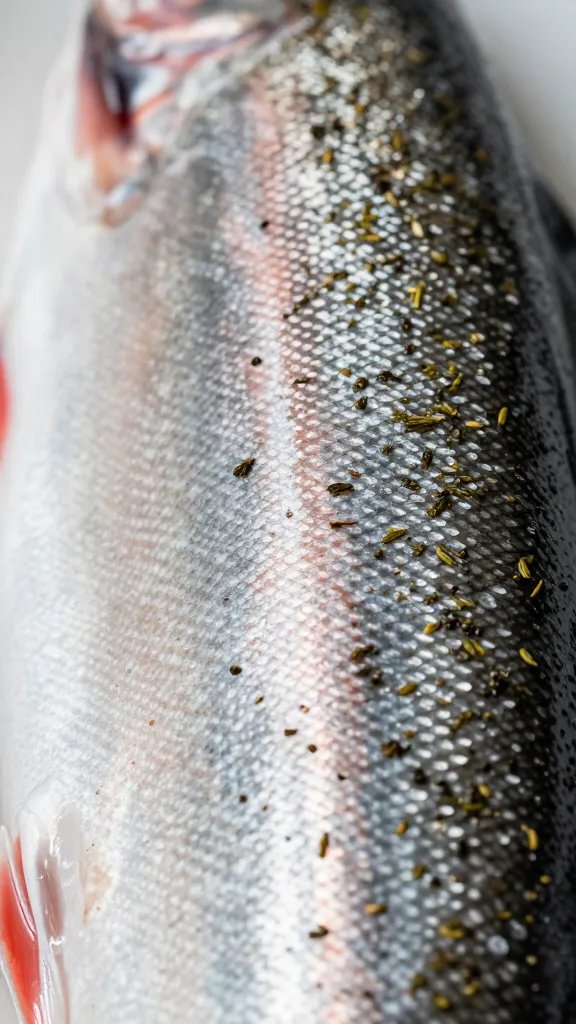 extreme closeup of herb flecks clinging to salmon surface