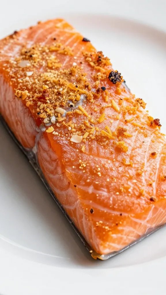 Closeup salmon fillet with crisp crust on white plate