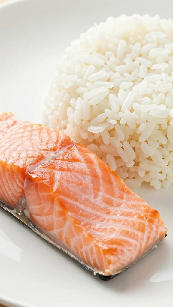 Closeup fluffy white rice mound beside salmon fillet