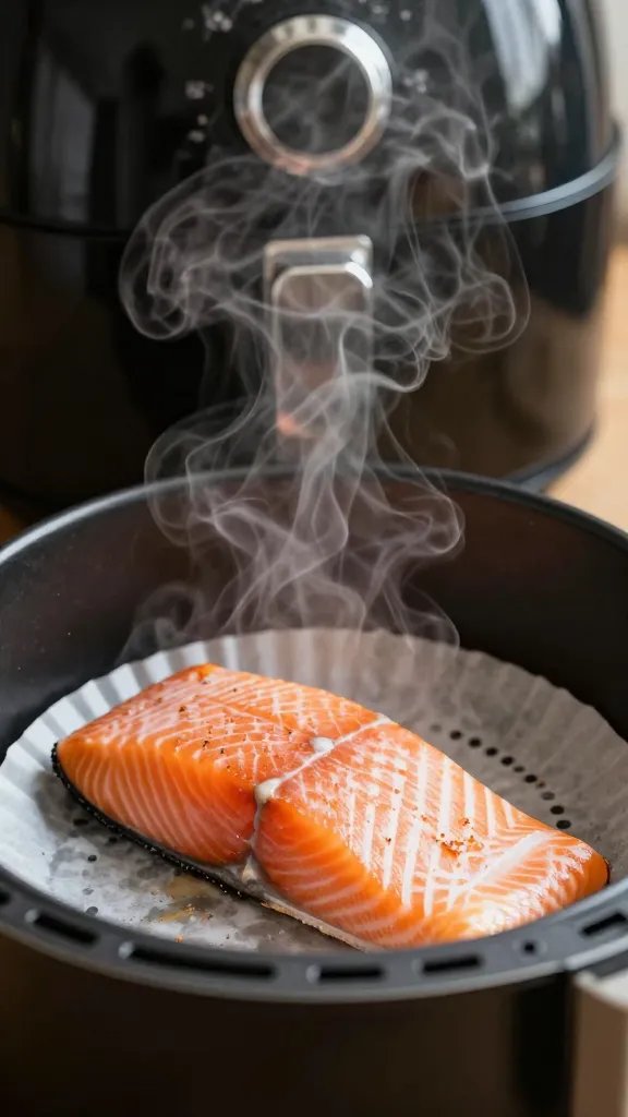 Salmon fillet steam rising, air fryer basket in background blur