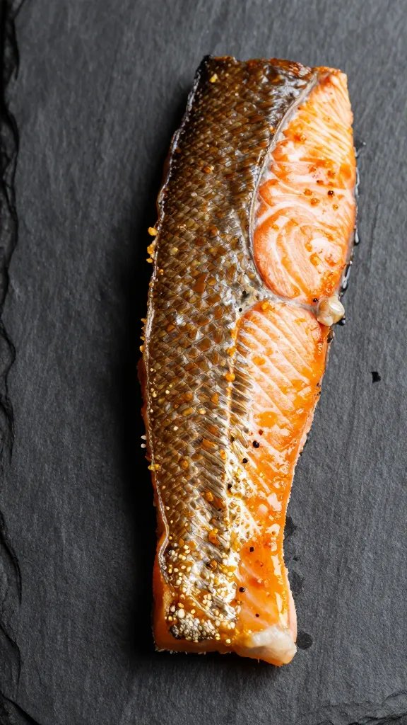 Crispy salmon skin detailed texture on dark slate plate