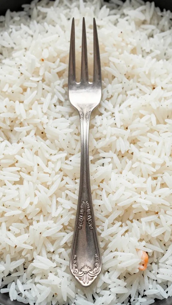 Single ornate fork resting on rice bed and salmon edge