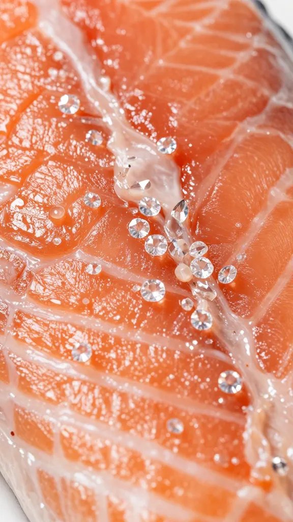 Diamond-cut grain closeup of flaky salmon flesh