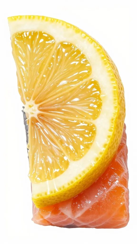 Single glossy lemon wedge atop salmon slice