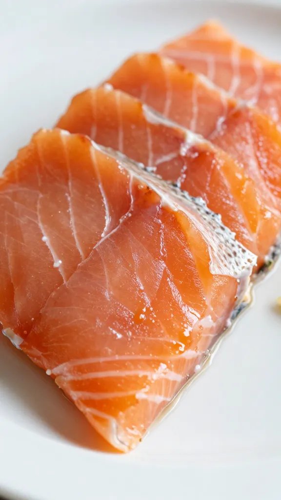 Salmon glaze sheen closeup on plate with minimal garnish
