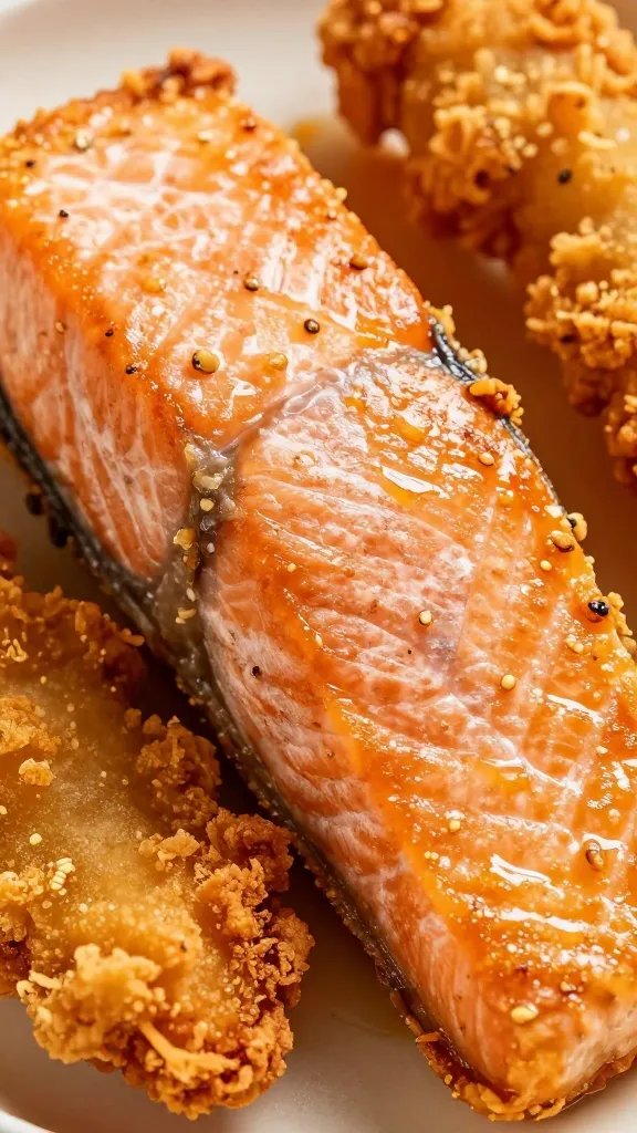 closeup of crispy air-fried salmon fillet glistening with oil