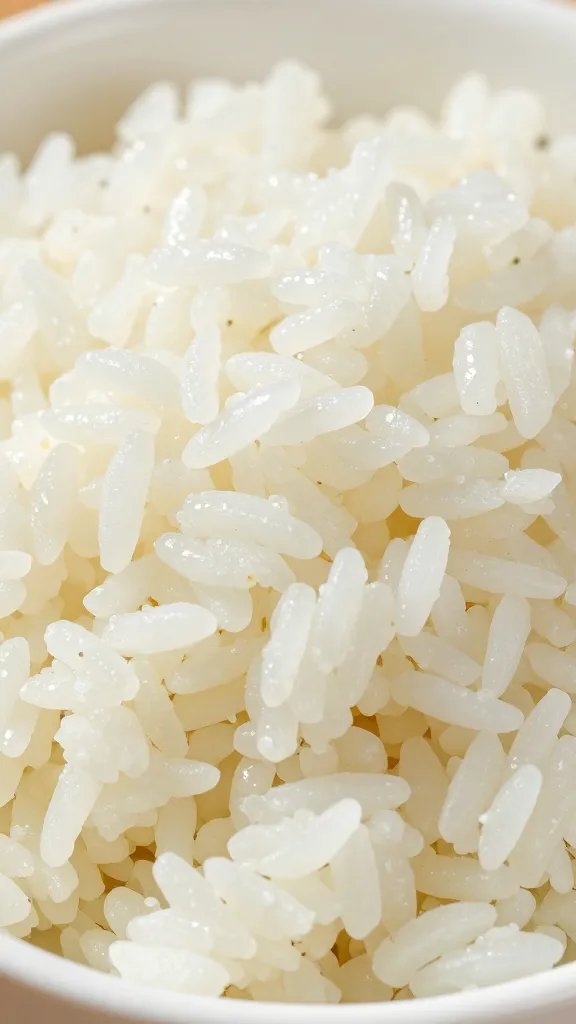 closeup of fluffy jasmine rice mound in white bowl