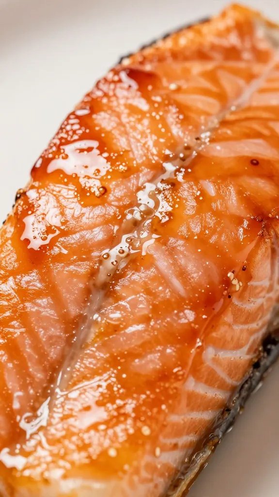 closeup of glossy teriyaki glaze brushed on salmon