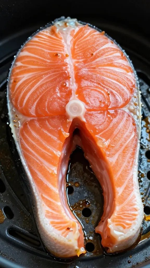 closeup of crisp-edged salmon after air frying