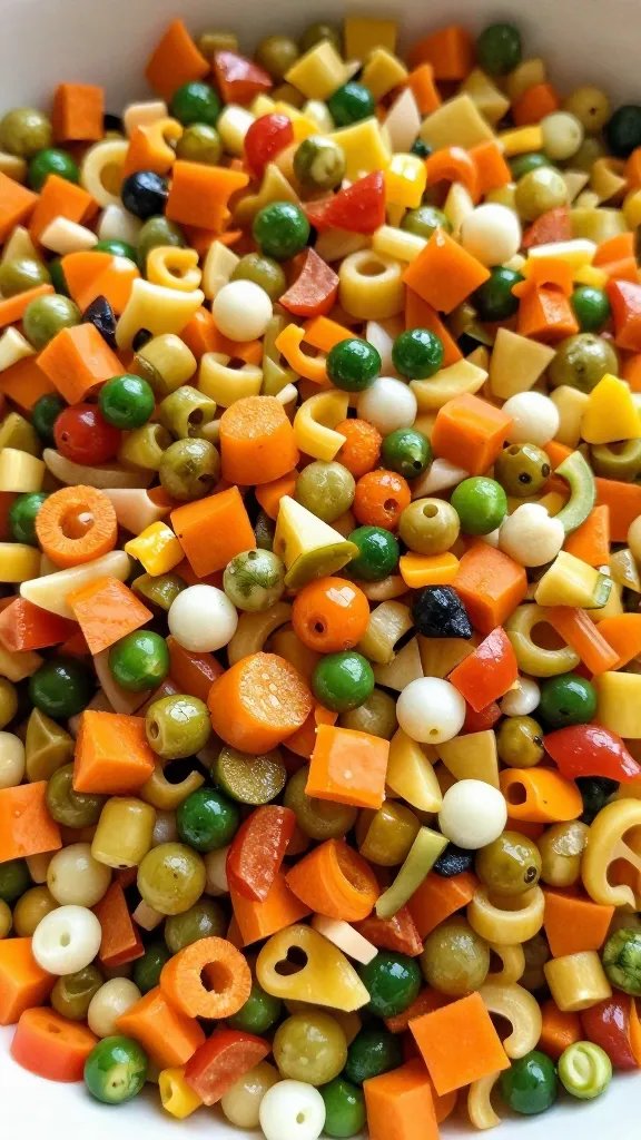 closeup of colorful vegetable toppings scattered atop bowl